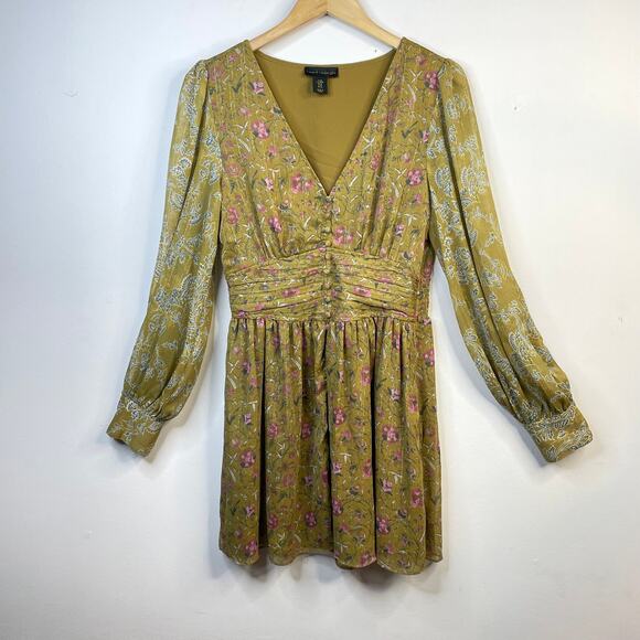 House of Harlow 1960 Mustard Floral Smocked Long Sleeve Flowy Smocked dress M - Picture 1 of 12